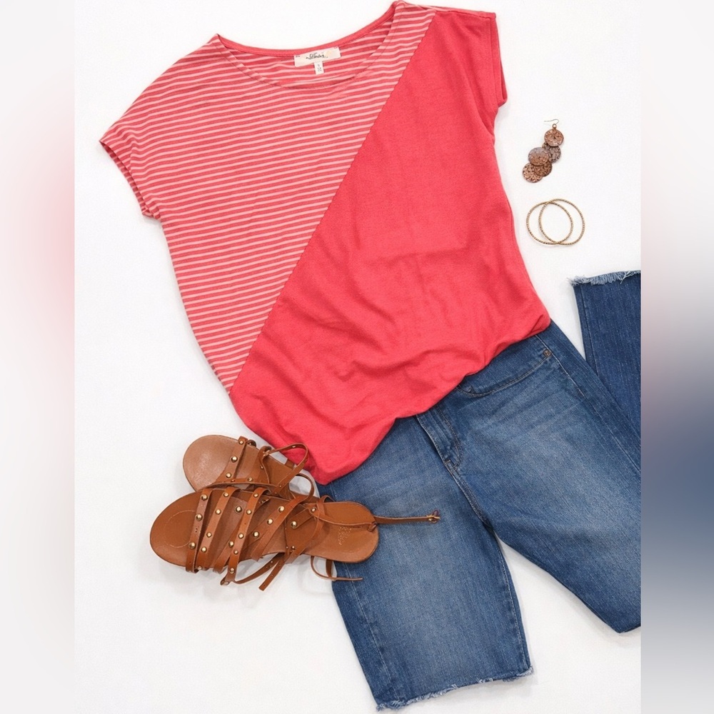 Andrée by Unit Pink White Striped Asymmetrical Dolman Top S